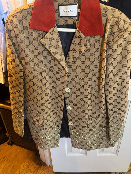 Gucci Jackets & Blazers - Gucci Beige Monogram GG Blazer with Red Corduroy Collar